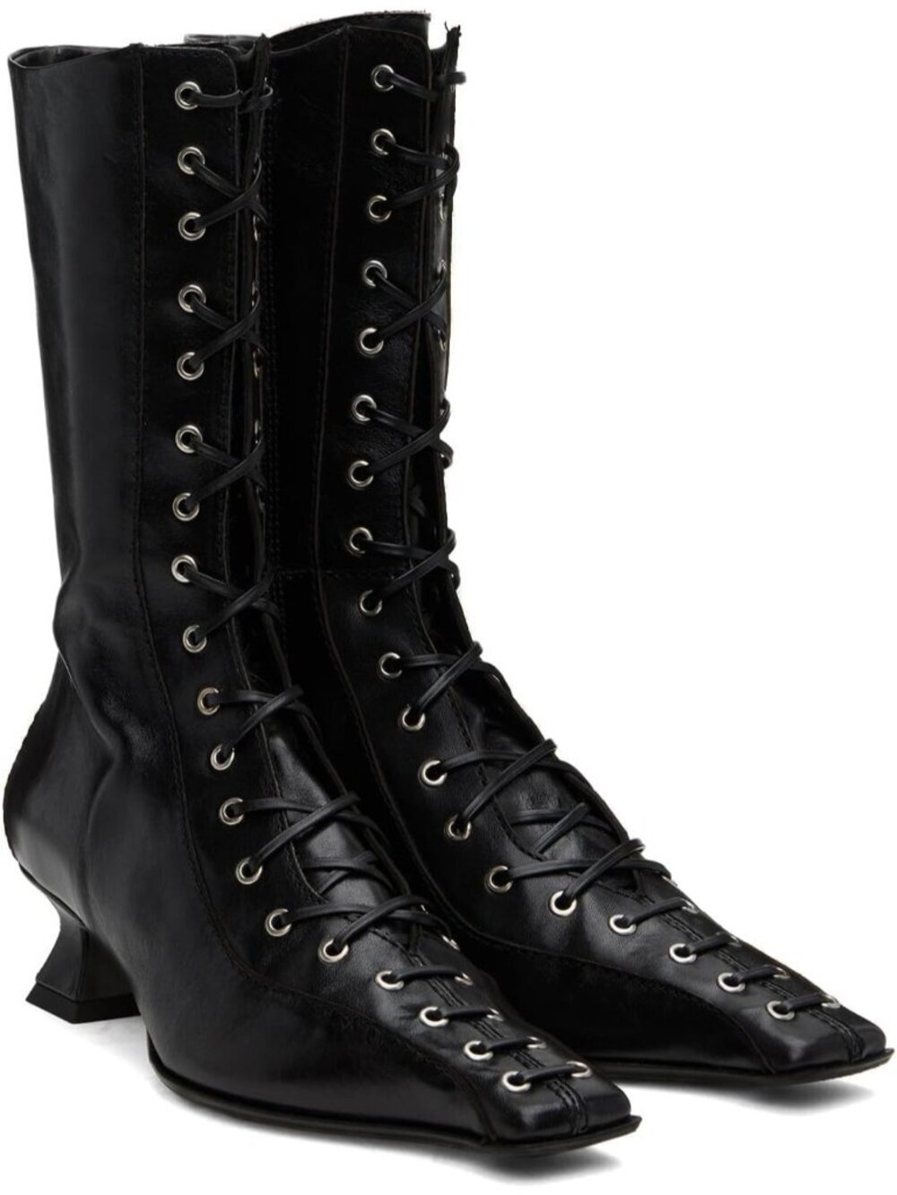 Women's Black Mid Calf Vampire Witch Boots Lace up Chunky Kitten Toe Boots